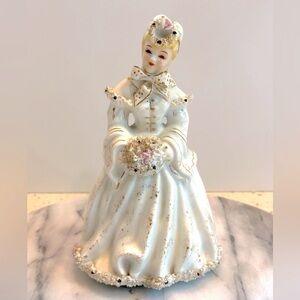 VTG‎ Victorian Lefton Porcelain Figurine Lady in Long Winter Coat Spaghetti Trim